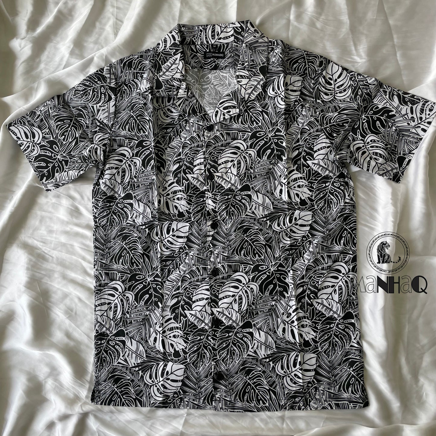 Leaf Print b&w Cuban Collar Shirt