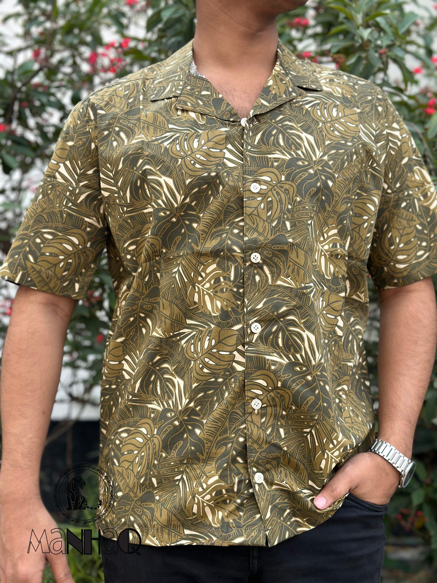 Leaf print Cuban Collar Shirt