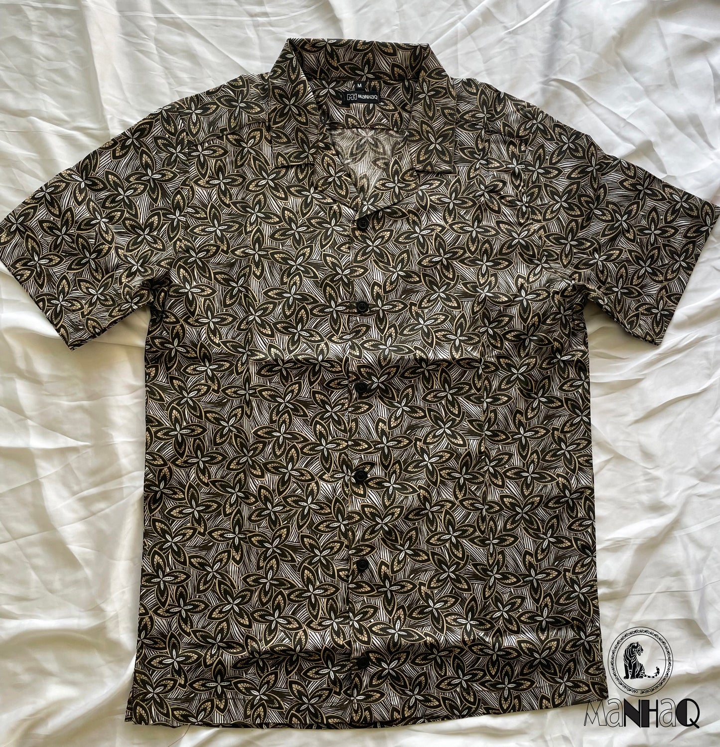 Leaf Print Cuban Collar Half Sleeve Shirt