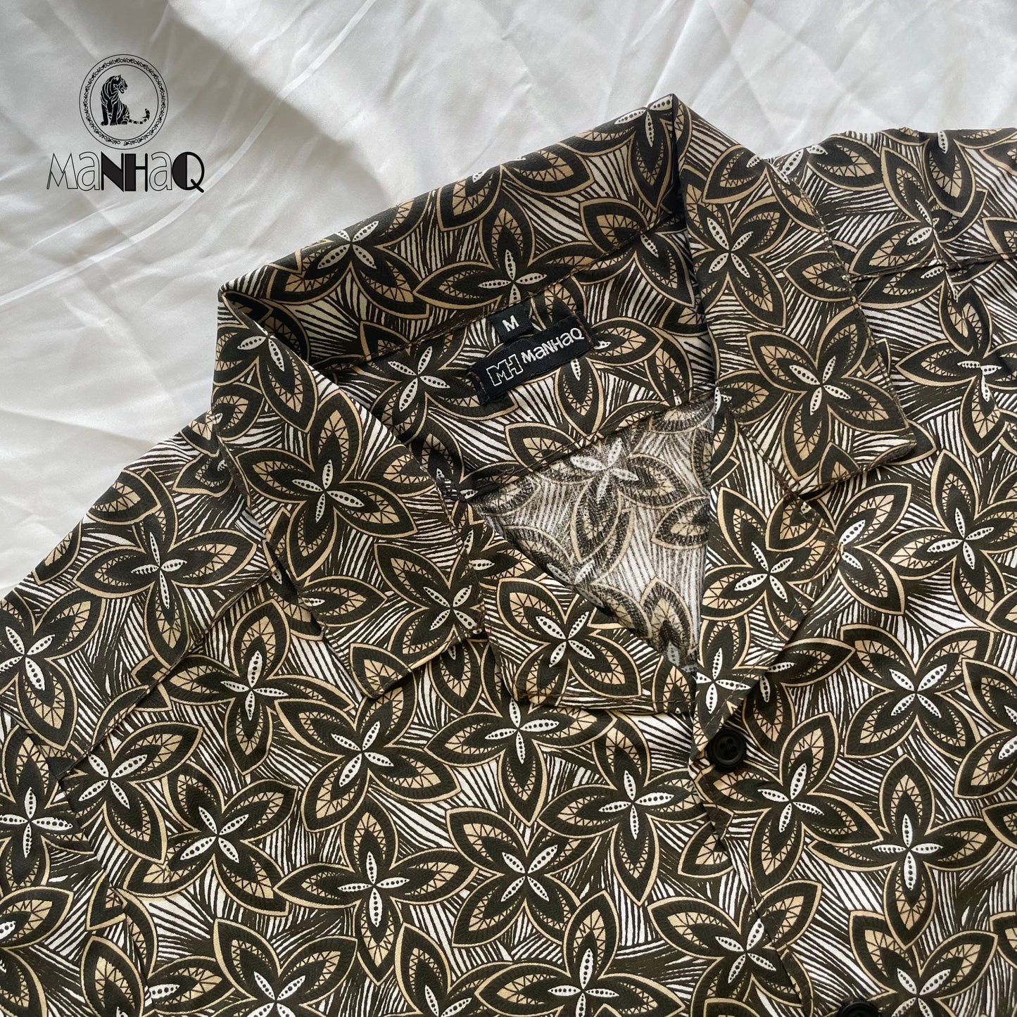 Leaf Print Cuban Collar Half Sleeve Shirt